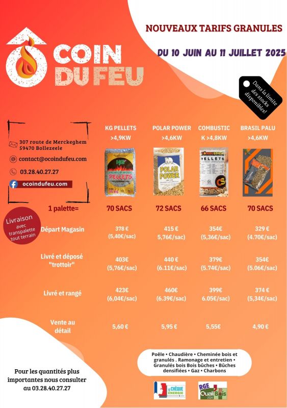 tarifs GRANULES DE BOIS ETE 2025